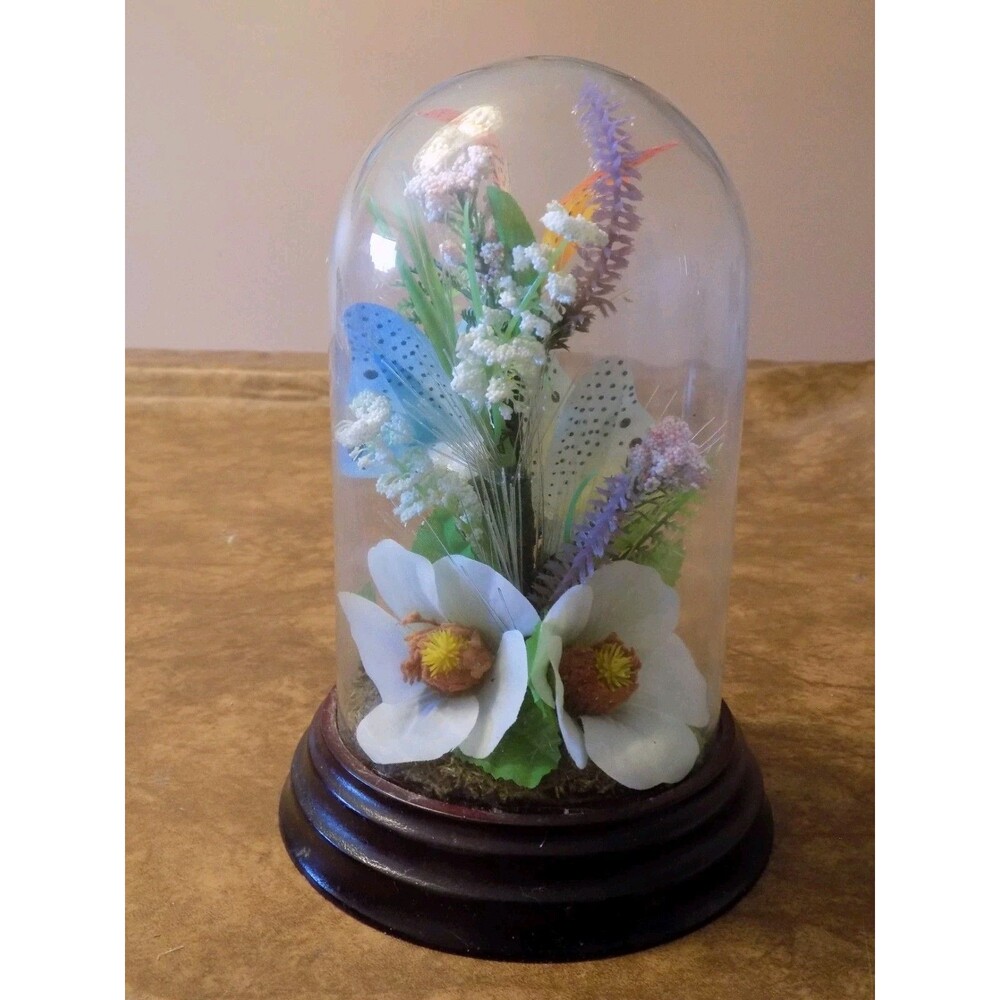 Fiber Optic Butterflies & Flowers Glass Display Case Wooden Base Collections Etc